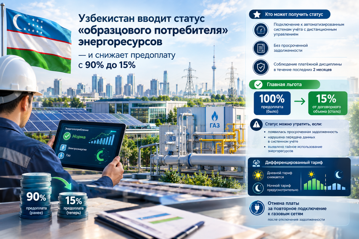 Узбекистан вводит статус «образцового потребителя» энергоресурсов — и снижает предоплату с 90% до 15%