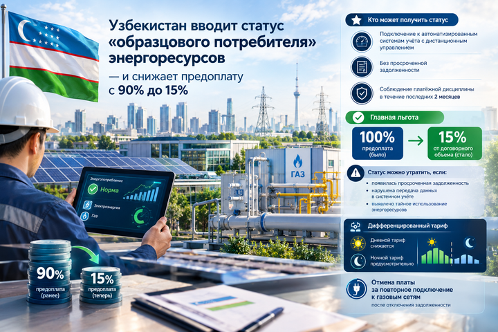 Узбекистан вводит статус «образцового потребителя» энергоресурсов — и снижает предоплату с 90% до 15%