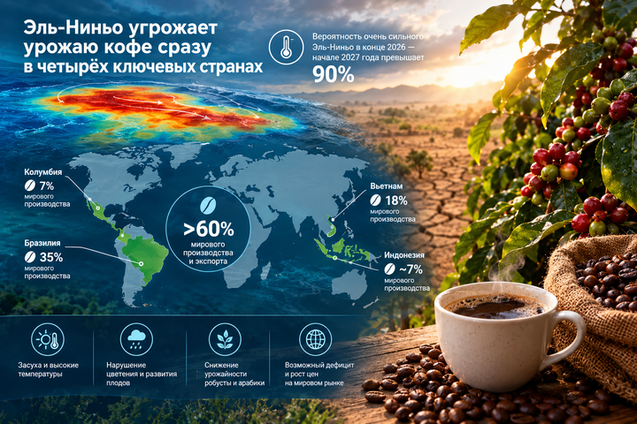 Эль-Ниньо угрожает урожаю кофе сразу в четырёх ключевых странах