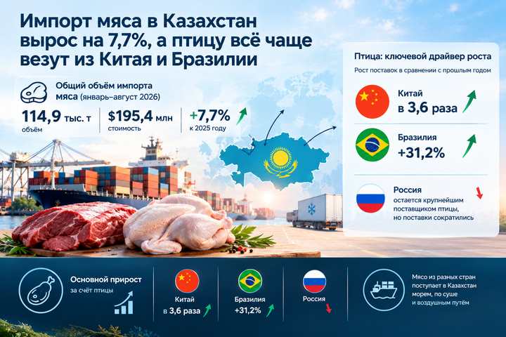 Импорт мяса в Казахстан вырос на 7,7%, а птицу всё чаще везут из Китая и Бразилии