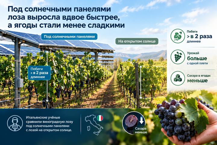 Под солнечными панелями лоза выросла вдвое быстрее, а ягоды стали менее сладкими